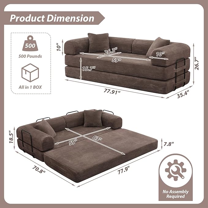 78 Convertible Sleeper Sofa Bed with Cylindrical Pillow Corduroy Folding Mattress Couch with Fixed Frame Floor Sofa Lounge Couch for Living Room Bedroom Apartment Brown