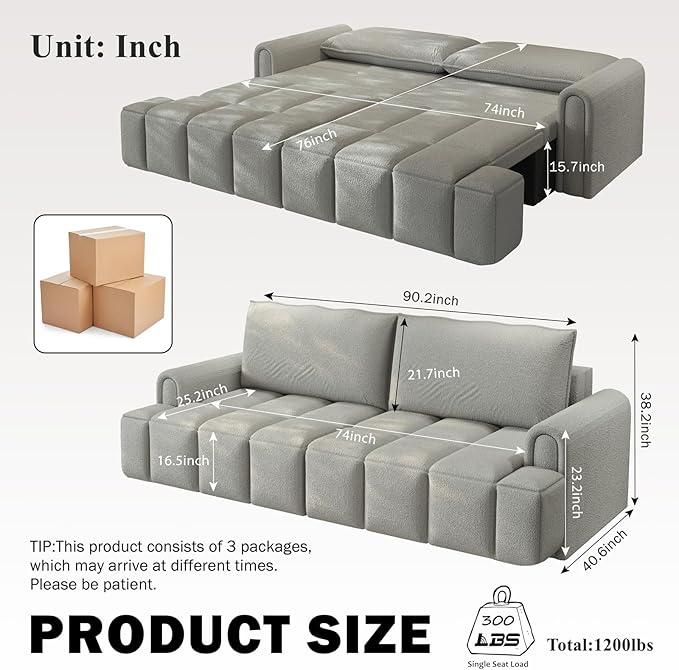 3-in-1 Convertible Sleeper Sofa Bed King Size Pull Out Sofa Bed with Hidden Seat Storage 90 Comfy Teddy Fabric 4-Seater Couch for Living Room Office Apartment (Gray)