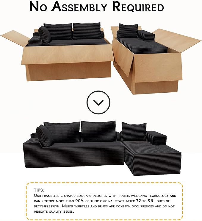 104” Cloud Sectional Couch with L-Shape Chaise Convertible Sofa with Deep Seat Modern Oversized Fluffy Couch with Sleeper Chaise Corduroy Sofas Bed Minimalist Sofa Couches(Black)