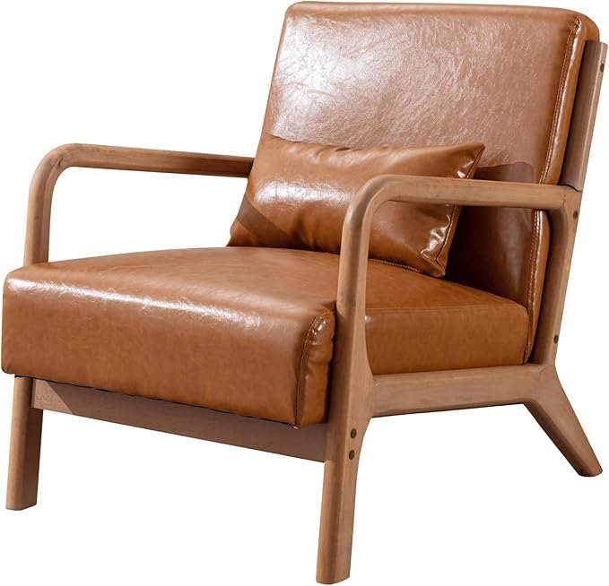 ANJ Mid Century Modern Accent Chair PU Leather Reading Chair with Solid Wood Frame Easy Assembly Armchair for Living Room
