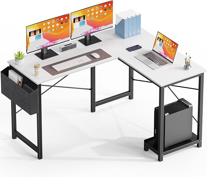 L Shaped DeskCorner Computer Desk Sturdy Metal Frame CPU Stand Side Bag Reversible for Home Office Small Place (White50 Inch)