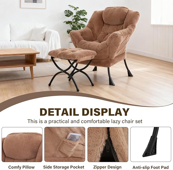 Lazy Chair with Ottoman Modern Accent Chair Lounge Leisure Sofa Chair with Armrests Reading Chair and Folding Footstool for Living Room Bedroom Office Plush Brown