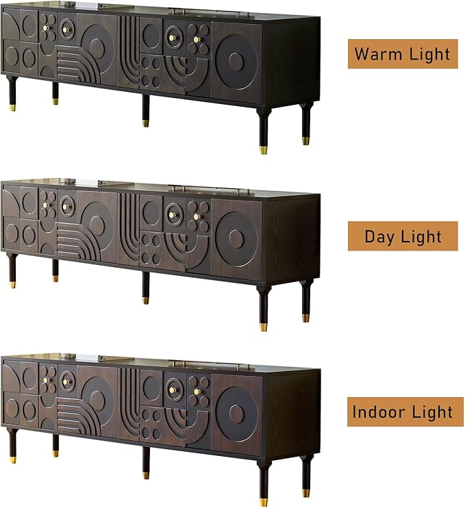 Modern TV Stand for 75 inch TV 66.9 Entertainment Center with Carved Geometric Doors TV Console with 4 Cabinet Storage Retro Art-Inspired Media Console for Living Room/Bedroom - Black