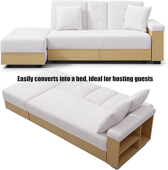 Sofa 84.65 Convertible Sofa Bed with Storage Ottoman Adjustable Armrest &amp Coffee Table - Perfect for Small Apartments 2 Drawers Soft Cotton Linen Fabric Solid Wood FrameBeige