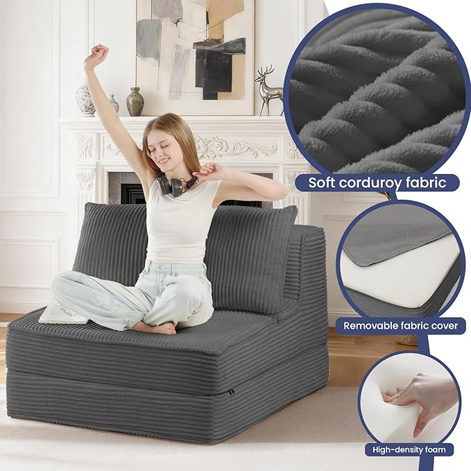 Folding Sofa Bed Convertible Sleeper Chair with PillowCorduroy Comfy Floor Futon for Living Room BedroomModern Accent Reading ChairNo Assembly RequiredGrey