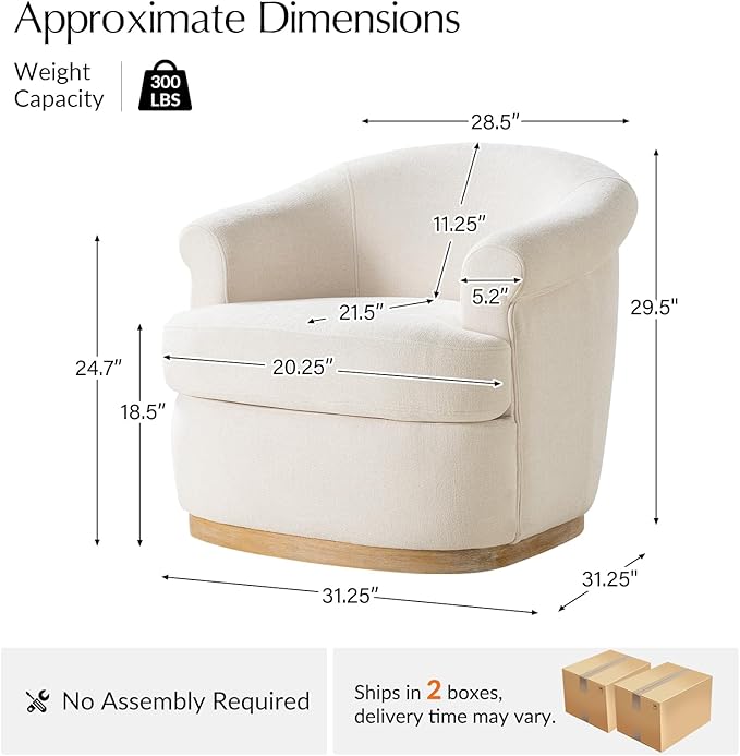 HULALA HOME Swivel Barrel Chair Set of 2 with Rolled Arms Upholstered Fabric Swivel Round Armchair with Removable Cushion Solid Wood Base for Living Room Bedroom Ivory