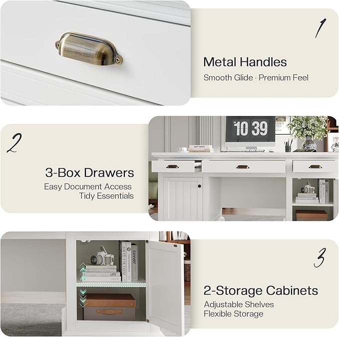 Jocisland 68 Executive Desk for Home Office &amp Study Fluted Panel Computer Table with 3 Drawers and 2 Cabinets Farmhouse Writing Desk – Pure White