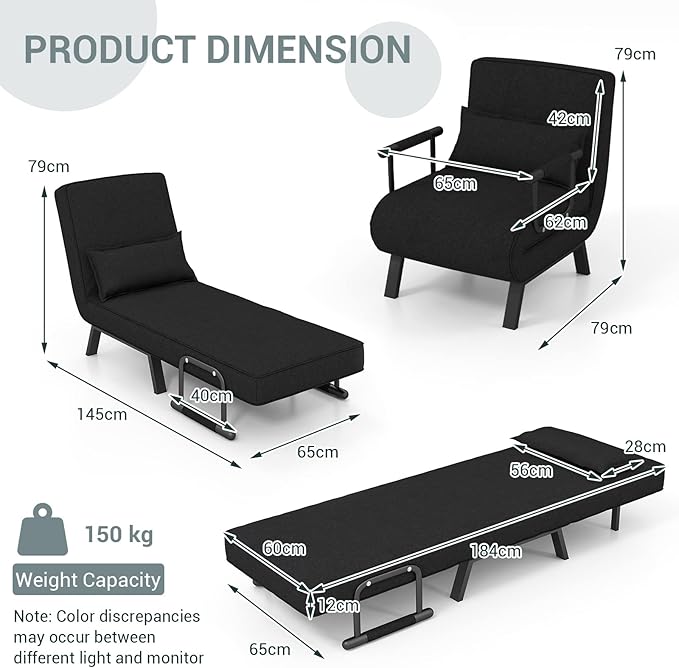 S AFSTAR 4 in 1 Convertible Sofa Bed Sleeper Chair Folding Sofa Arm Chair with Pillow and 6 Position Adjustable Backrest Full Padded Lounger Couch Bed for Home/Office (Black)