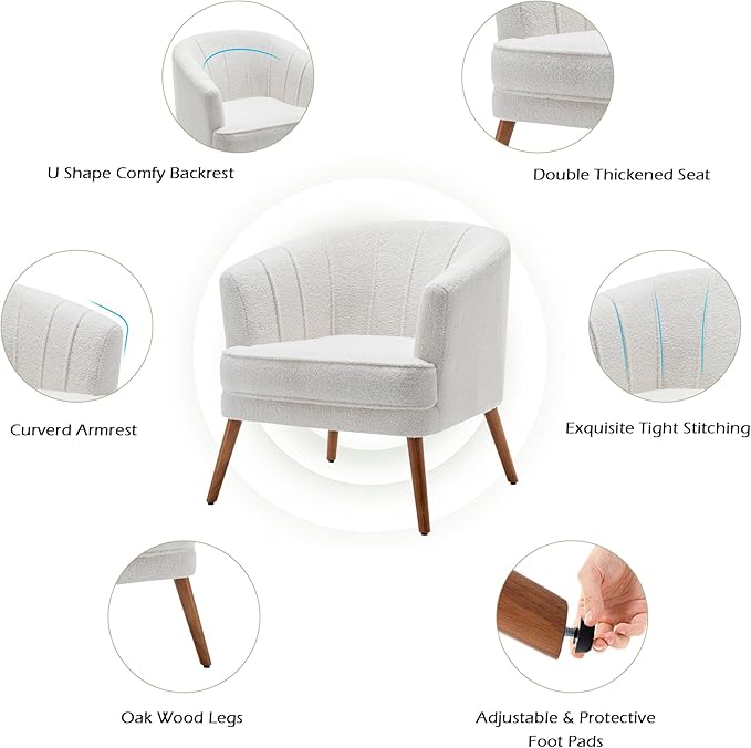 Accent Chairs for Living Room Bedroom Office Upholstered Sherpa Single Sofa Chair Arm Chair Comfy Chair Reading Club Coffee Chair with Metal Legs White