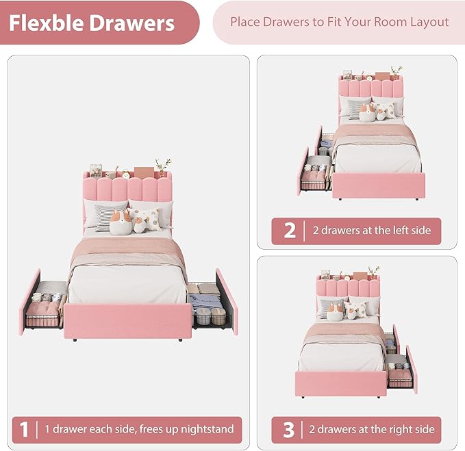 Garvee LED Twin XL Bed Frame with Storage Headboard Kids Bed Frame with 2 Drawers Boucle Upholstered Platform Bed for Girls Chic Wavy Headboard with Bookcase No Box Spring Needed Pink