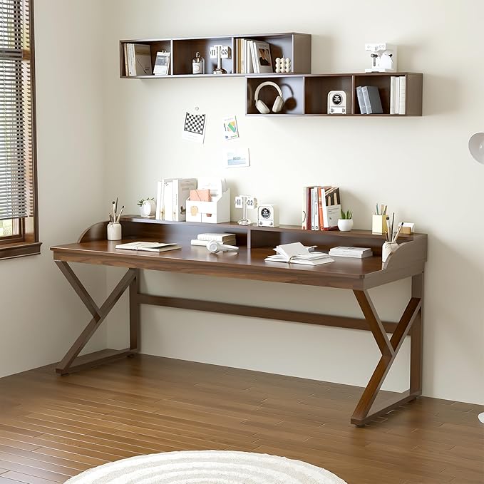 Long Desk with Monitor Stand - 63 Double Long Computer Table for 2-Person Workstation Large Writing Study Work Desk for Home and Office Walnut