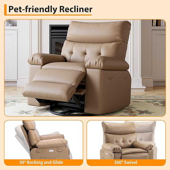 Elderly Massage Recliner Chair with Heat - Oversized Power Swivel Rocker for Adults 360° Rotating Chair PU Leather Recliner Sofa for Living Room Bedroom - Easy Clean Design Yellow