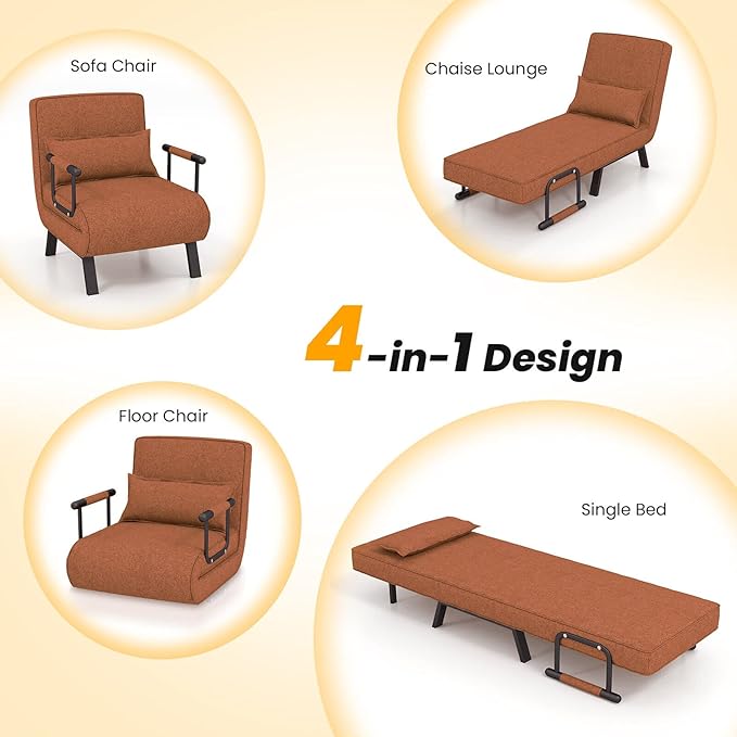 S AFSTAR 4 in 1 Convertible Sofa Bed Sleeper Chair Folding Sofa Arm Chair with Pillow and 6 Position Adjustable Backrest Full Padded Lounger Couch Bed for Home/Office (Coffee)