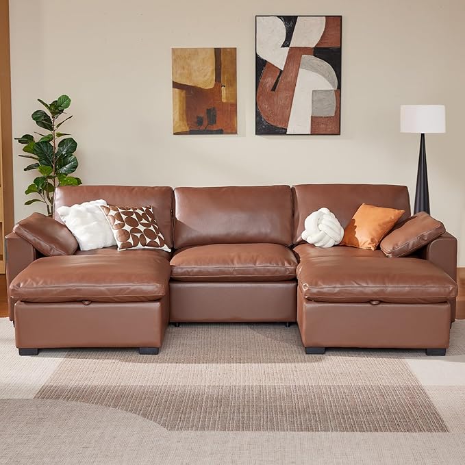 WEUP 120 Oversized Cloud Modular Sectional Sofa for Living Room 3 Seat U Shaped Cloud Couch with Storage Ottoman Premium Faux Leather Sofa Down-Filled Wide Deep Seat Tool Free Assembly Brown