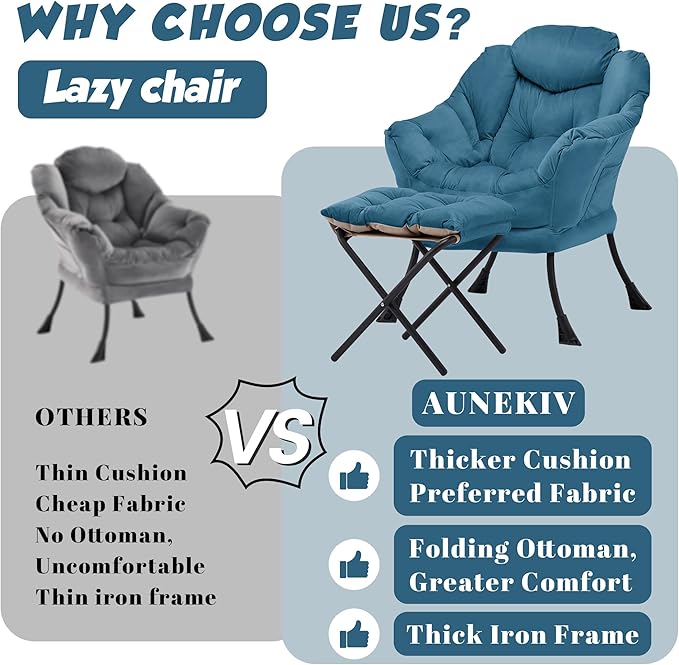Lazy Chair with Ottoman Comfy Accent Lounge Chair with Side Pocket Modern Reading Armchair with Footrest Upholstered Sofa Chair for Small Spaces Bedroom Living Room Dorm Blue
