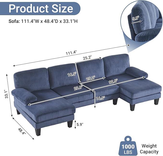 VINGLI 110 Sectional Couches for Living RoomU Shaped Couch with Double Chaise 4-Seat Sofa Set with Corduroy Fabric for Home FurnitureOcean Blue