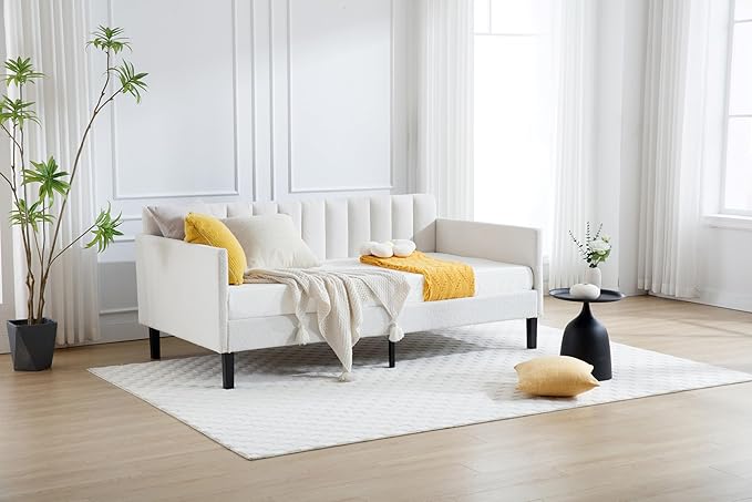 GDFStudio Twin Size Upholstered Daybed Futon Sofa Bed Ribbed Tufted Backrest Lavish Modern Design Couch Bed Frame for Bedroom Living Room Guest Room ApartmentIvory Boucle