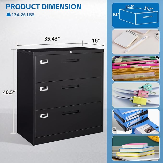 Lateral File Cabinet with LockMetal Filing Cabinet with 3 DrawerSteel Lateral File Cabinet for Legal/Letter A4 SizeWide File Cabinet for Office HomeAssembly Required