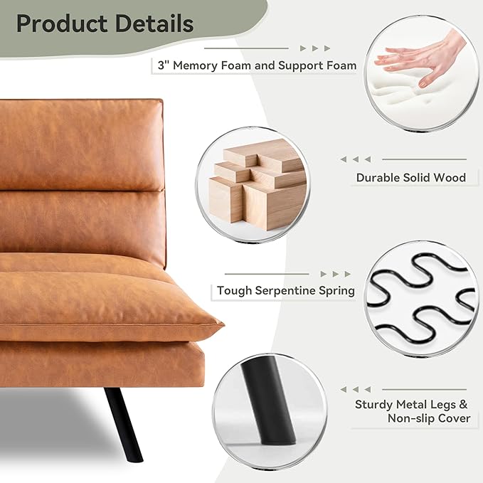 Memory Foam Futon Sofa BedFaux Leather Futon CouchConvertible Armless FutonsSmall Splitback Loveseat Sleeper Sofa Bed for Living RoomOfficeApartmentMedium Brown