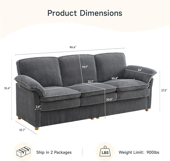 ONBRILL 86.6 Corduroy Couches for Living Room Comfy 3 Seater Sofa with Pillow-Top Armrest &amp Dual-Layer Cushions Mid Century Modern Couch for Bedroom Apartment Grey
