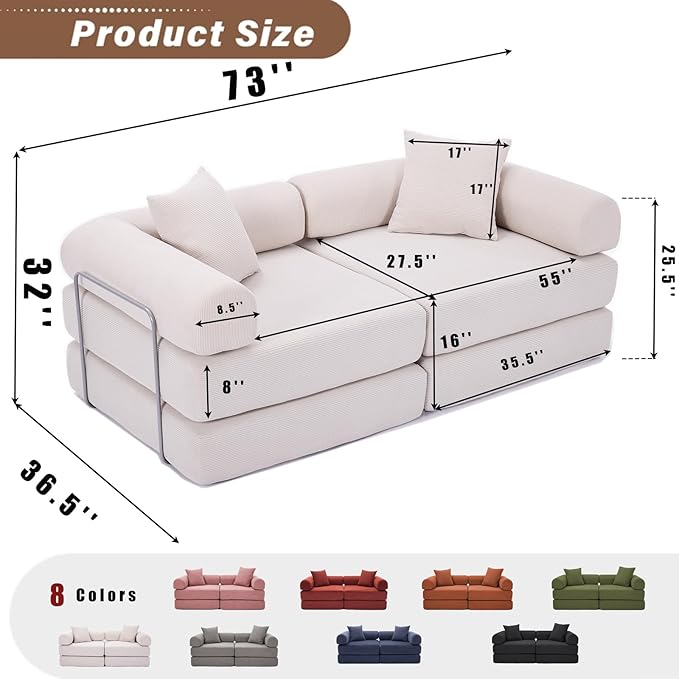 73 Convertible Modular Folding Sofa Bed 5-in-1 DIY Combination Fold Out Sleeper Sofa Bed Loveseat sleeper Couch with Removable Armrests Corduroy Floor Couch Small couches for small spaces Beige
