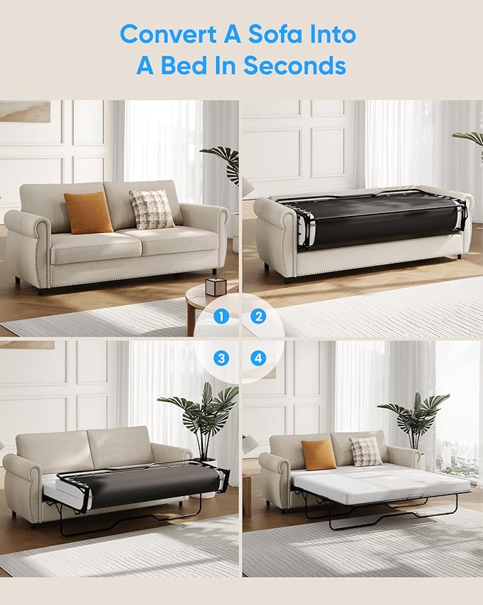 2 in 1 Sofa Bed Queen Size Linen Fabric Pull Out Couch with Folding Foam Mattress Convertible Loveseat Sleeper Sofa with Nailhead Trim for Living Room Bedroom Apartment-Beige