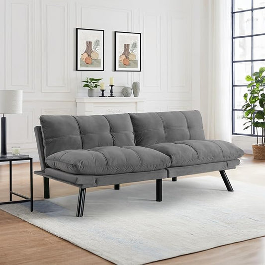 Convertible Velvet Futon Sofa Bed Comfy 72 L Sleeper Couch with Thicker Cushion Upholstered Modern Reclining Loveseat Folding Sofa for Small Living Room Dorm Apartment Office Light Gray