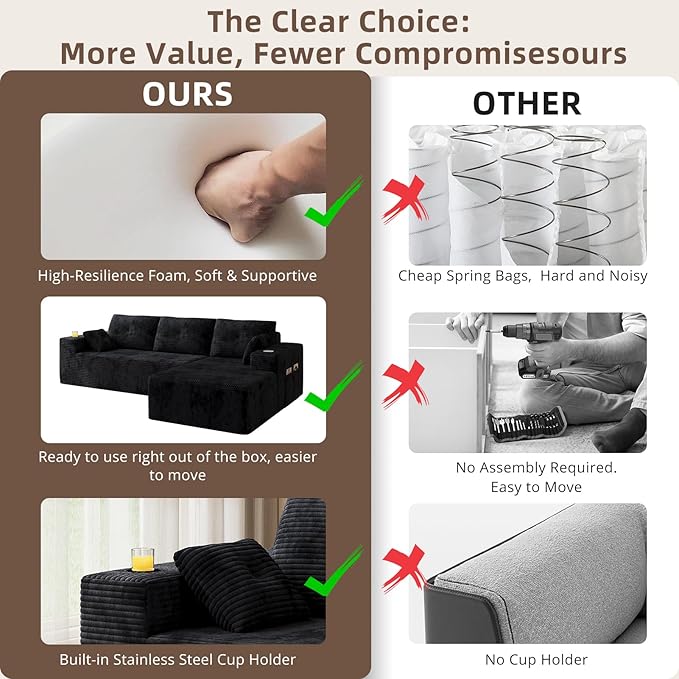 109 Boneless Couches for Living Room Modular Sectional Sofa with Oversized Chaise L-Shape Cloud Couch with Deep Seat (Black Right Facing Chaise)