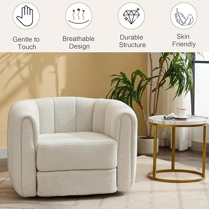 Swivel Accent Chairs for Living Room Teddy Fabric 360 Degree Round Swivel Barrel Armchair Pumpkin Shaped Single Club Sofa Recliner Chairs for Home Bedroom Apartment Office (Beige)