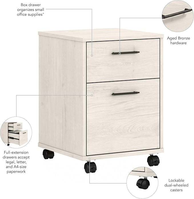 Bush Furniture Key West 2 Drawer Rolling File Cabinet in Linen White Oak Mobile Organization for Home Office Small Under Desk Storage on Wheels