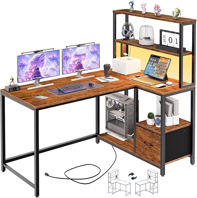 HOOBRO L Shaped Gaming Desk and 5-Tier Bookshelf Bundle with Storage Shelves &amp Drawer Computer Desk with LED Light &amp Power Outlet for Home Office Study Rustic Brown and Black BF18UDDN01-B