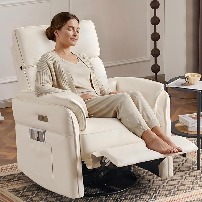 MELLCOM Power Recliner Rocking Chair Nursery Gliders with Adjustable Armrests and Headrest Swivel Electric Glider Reclining Nursing Chair with Storage Bags and USB Port FSC Certified(Beige Leather)