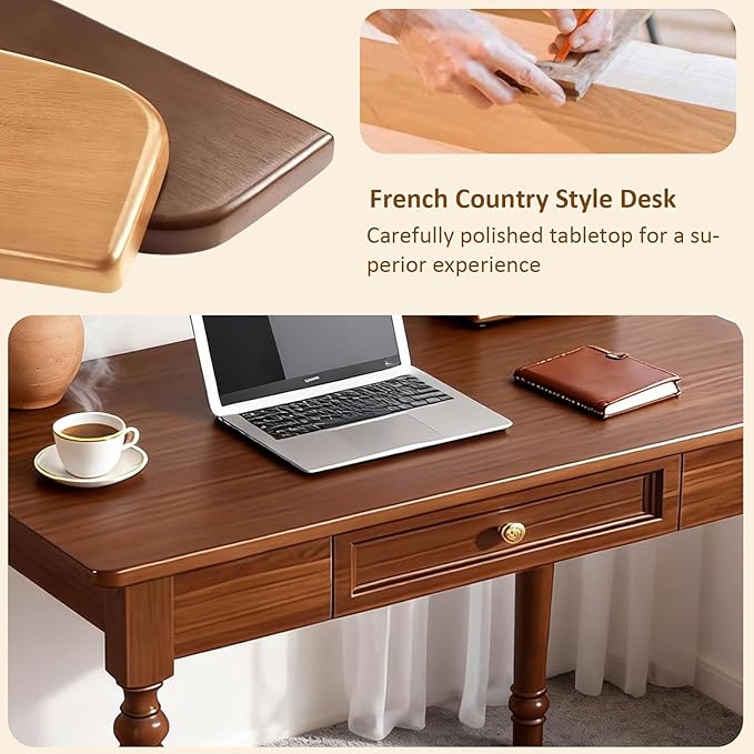 47 Inch French Country Writing Desk Solid Wood Farmhouse Computer Desk with 2 Drawers Easy Assembly Walnut Office Desk for Home Office Study or Bedroom (Walnut Wood Color)