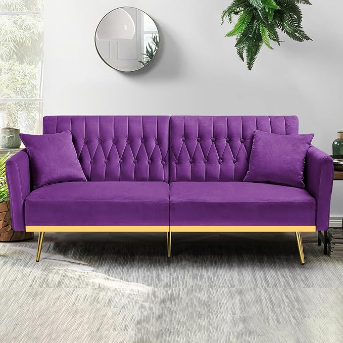 70” Velvet Futon Sofa Bed with 2 Pillows and Adjustable Armrests Convertible Sleeper Bed W/Adjustable Backrests Modern Loveseat for Living Room Bedroom Purpel