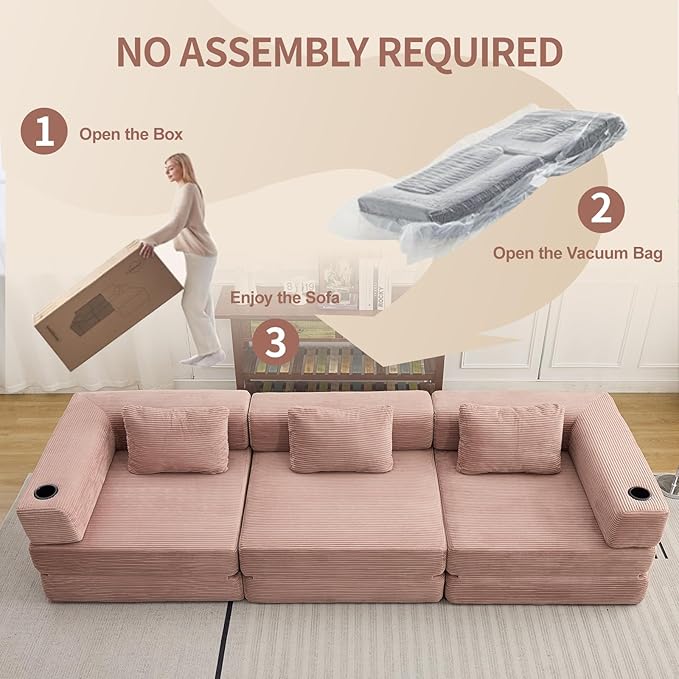 118 Oversized Sectional Couches Convertible Floor Sofa Bed with Cup Holder Boneless Foldable Mattress Cloud Couch with Pillow Back &amp Armrest for Living Room Bedroom Lounge(Corduroy Pink)