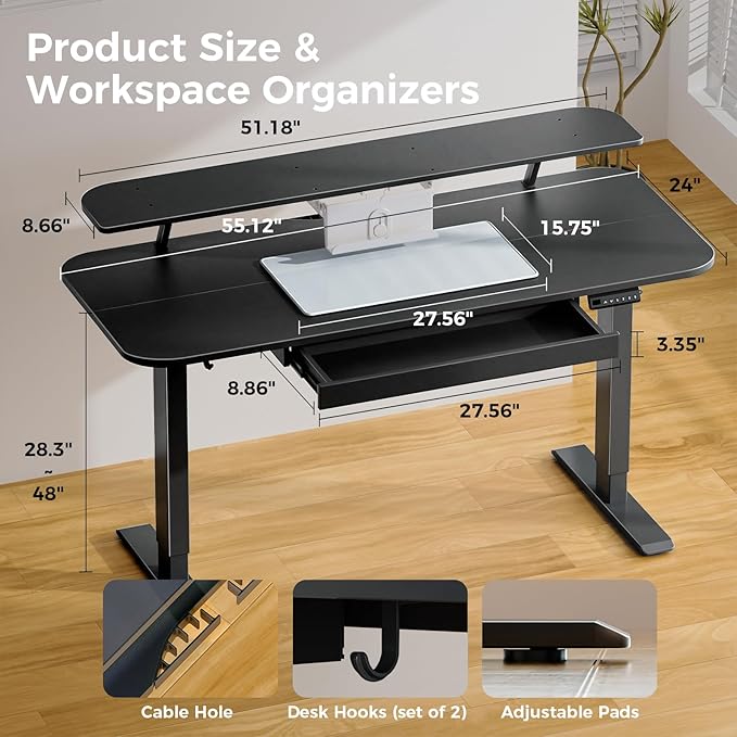 COMHOMA Electric Standing Desk with Drawers 55 x 24 Inch Sit Stand up Desk with Monitor Stand Laptop Stand Height Adjustable Home Office Computer Desks with Memory Preset Controller (Ebony Black)