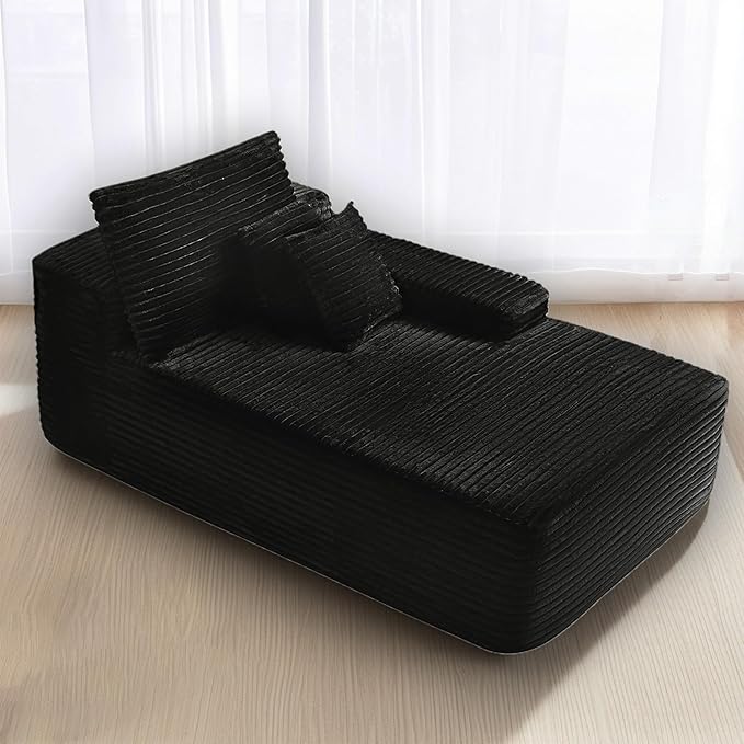 41 Oversized Chaise Lounge Chair Indoor Black Corduroy Boneless Sofa Bed Comfy Cloud Couch Sectional Couches for Living Room Bedroom No Assembly(Left)