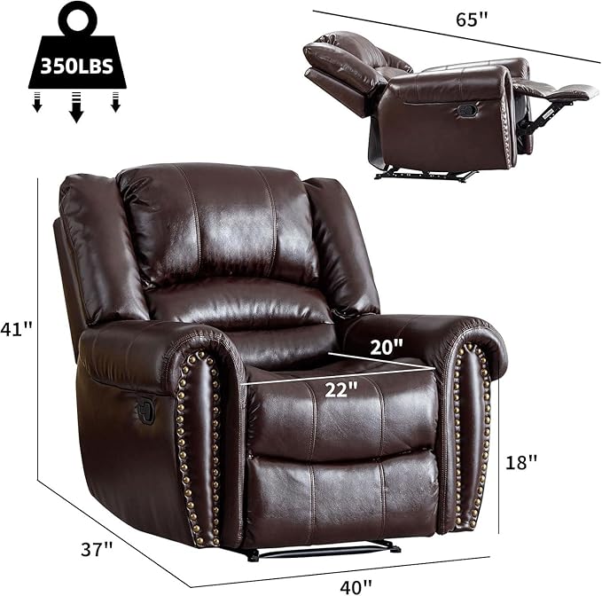 CANMOV Leather Recliner Chair Classic and Traditional Manual Recliner Chair with Comfortable Arms and Back Single Sofa for Living Room Brown