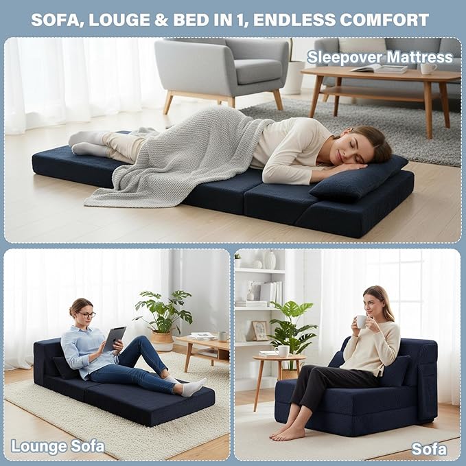 Tiita Convertible Folding Sofa Bed Single Size for Adults with Pillow Plush Fabric Floor Mattress Couch Bed Washable Cover &amp Side Pocket Guest Room Dorm Apartment Living Room Navy