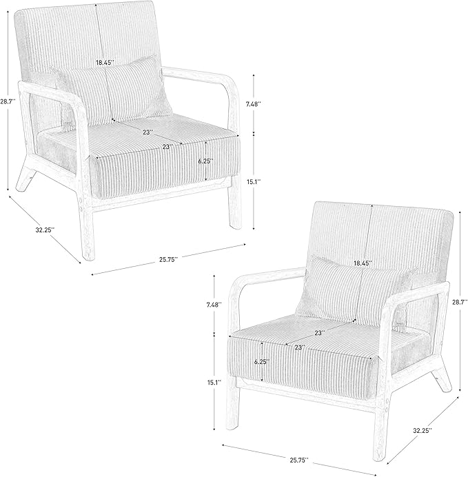 UIXE Modern Accent Chair Corduroy Upholstered Armchair for Living Room Comfy Arm Chair Single Sofa Bedroom Reading Seat with Lumbar Pillow &amp Wooden Armrests - Light Blue