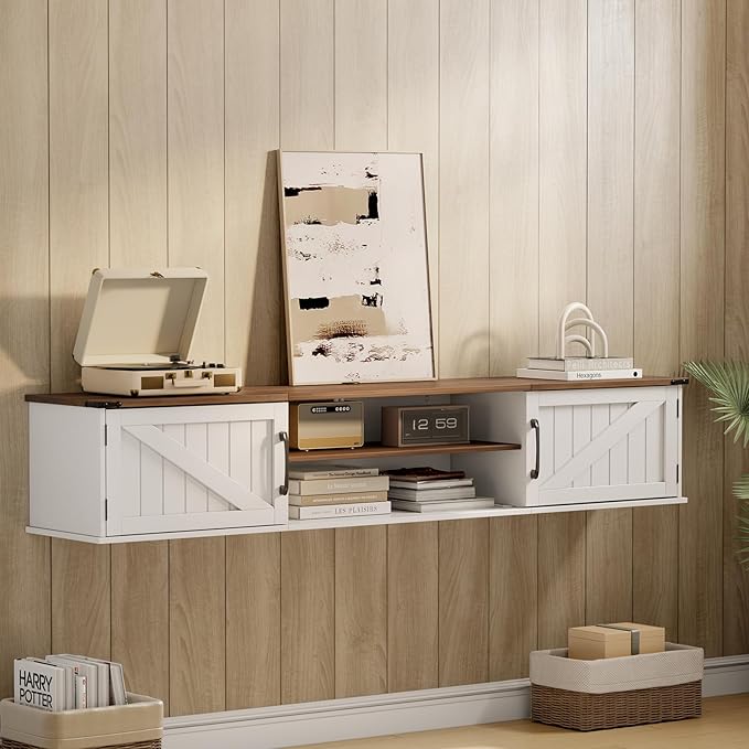Floating TV Stand with Doors 63'' Farmhouse Floating TV Shelf for TVs up to 80 Inch 2 Tier Wall Mounted TV Stand Floating Entertainment Center TV Floating Cabinet for Living Room Bedroom White