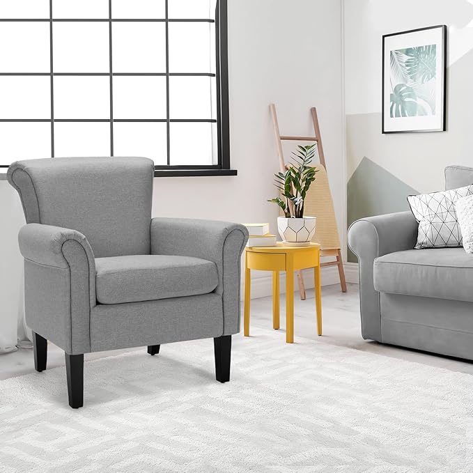 Giantex Modern Fabric Accent Chair Comfy Living Room Chair w/Adjustable Foot Pads Overstuffed Backrest Single Sofa Leisure Chair w/Soft Cushion Bedroom Chair for Reading Nursery Light Gray