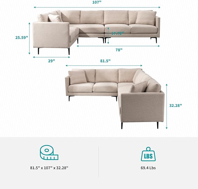 BALUS 107 Width Sectional L Shaped Sofa Couch Set for Living Room Convertible Oversized 5-Seat Corner Sofa Sets with 2 Pillows Modern Linen Sofas with Metal Legs for Living Room Apartment - Beige