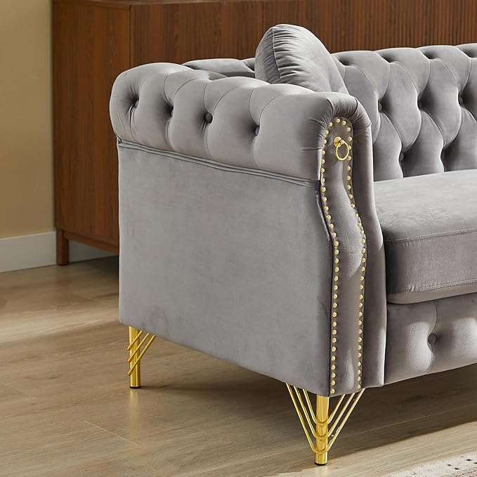 Antetek 60.5-inch Loveseat Chesterfield Sofa Mid Century Modern Sofa Couch with Button Tufting &amp Rolled Arms Comfy Upholstered Velvet Deep Seat Couch for Living Room Office Grey