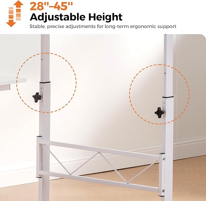 GTPLAYER Small Mobile Standing Desk 32In Wide Adjustable Height Stand Up Desk for Home Office Portable Sit Stand Rolling Computer Desk with Wheels Storage Drawer and Slot Carbon Fiber Style White