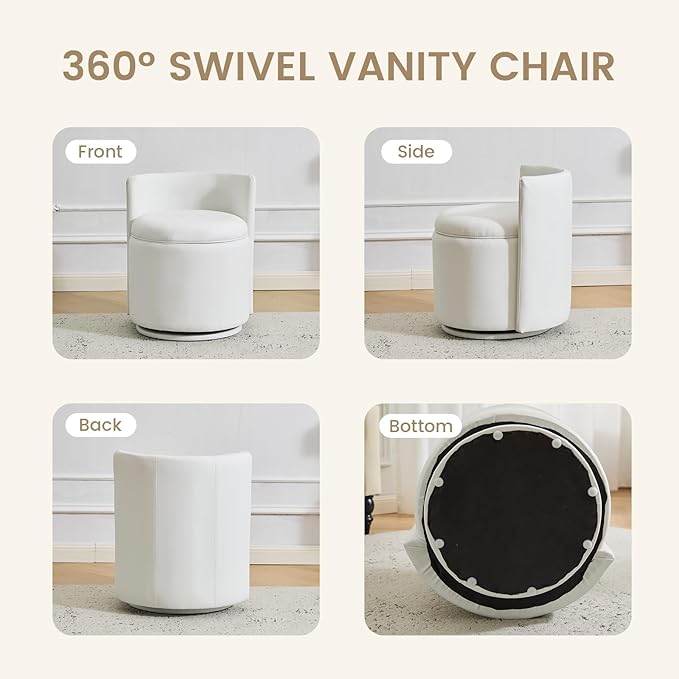 360° Swivel Vanity Chair with Storage PU Leather Round Storage Ottoman with Pillows No Assembly Modern Comfy Makeup Stool for Bedroom Dressing Living Room (White)