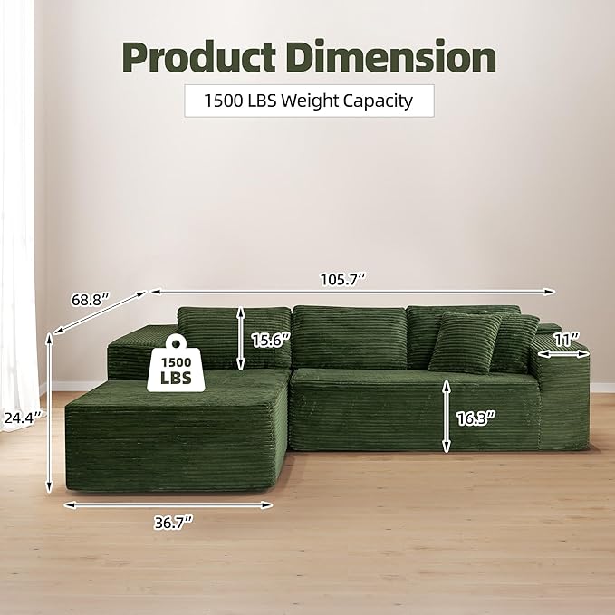 HOMREST 106 Cloud Sectional Couch with Chaise Lounge L-Shape Modular Sectional Boneless Sofa with Deep Seat Upholstered Couches for Living Room Bedroom No Assemble Green (Plush Corduroy Fabric)