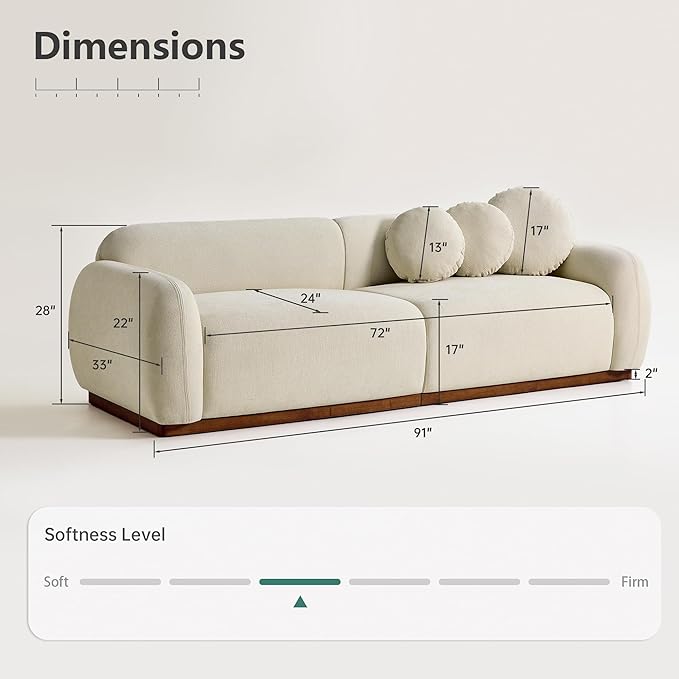 Morden Fort 91‘‘ Chenille Cloud Couch3 Seater Curved Sofa with 3 Round Pillows and Solid Wood Base Easy Assembly Modern Luxury Upholstered Plush Comfy Couch for Living Room ApartmentCream White