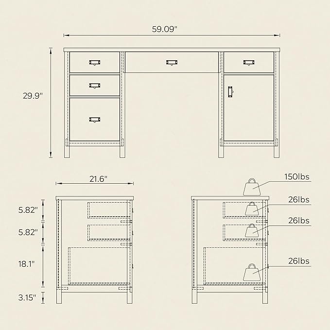 Farmhouse Wood Home Office Desk 59 Executive Desk Computer Desk with File Drawer Charging Station and Storage Cabinet for Writing Study Light Oak