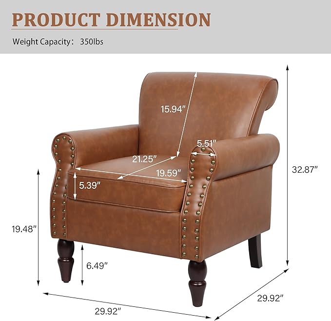 Accent Chair Mid Century Modern Faux Leather Arm Chair with Wood Leg for Living Room Bedroom Comfy PU Leather Club Reading Chairs with Wingback &amp Nailhead Trim (Leather Brown Set of 2)